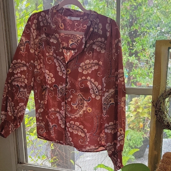 Dark Floral Patterned Fairygrunge  Blouse in Rust and Cream Wonens Size M - Picture 1 of 6
